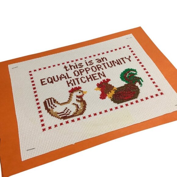 Finished Ready to Frame Cross Stitch Rooster Hen Equal Opportunity Kitchen - Picture 4 of 5